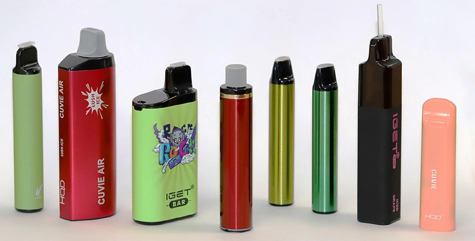 A variety of disposable vape devices showing different sizes and form factors