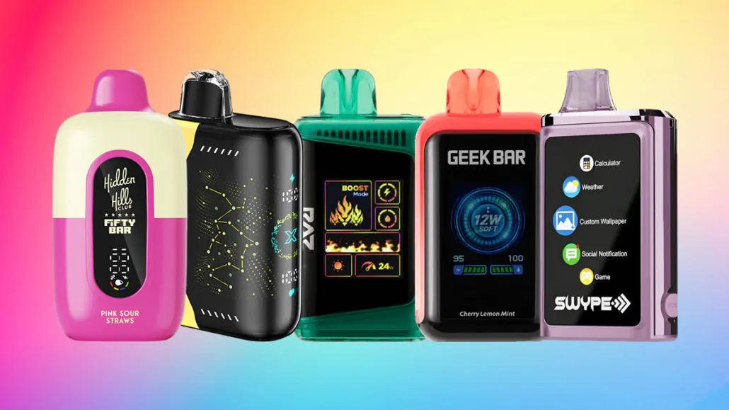 Visual graphic showcasing a variety of high-capacity, long-lasting disposable vapes.