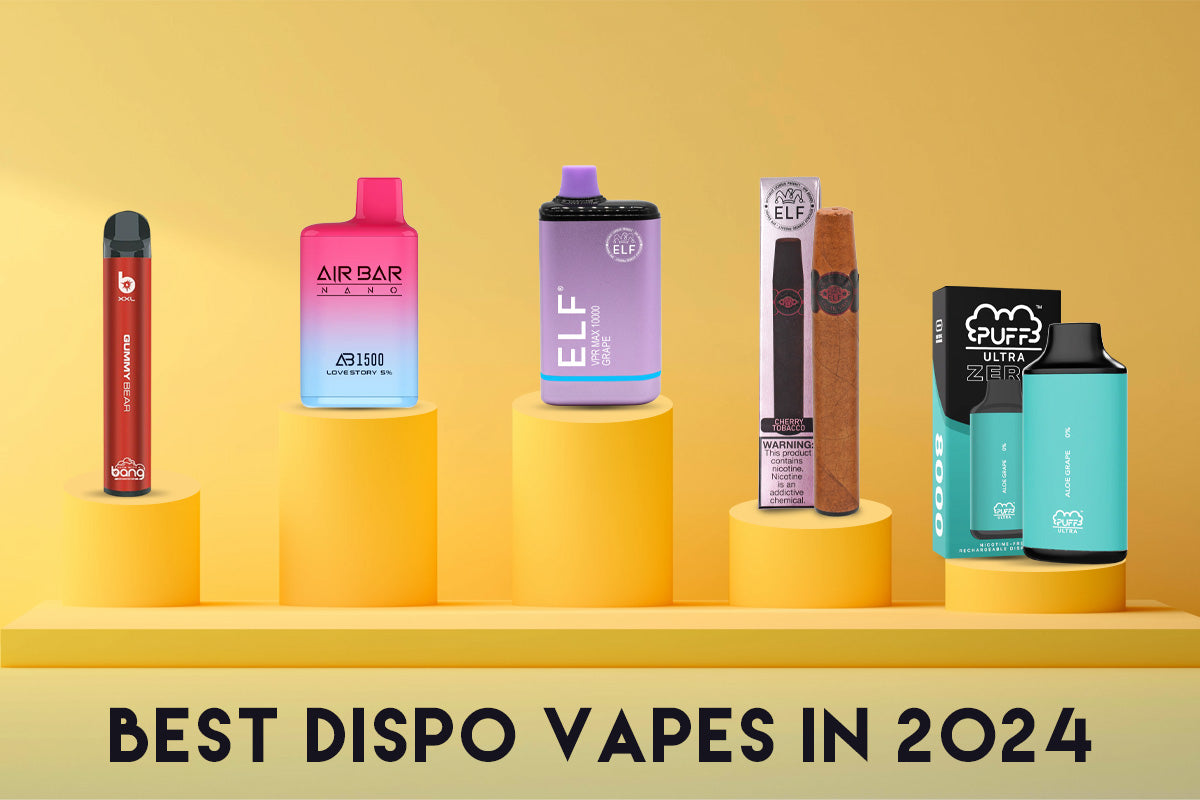 A collection of modern disposable vape devices on a styled background, symbolizing the choices available in 2024.